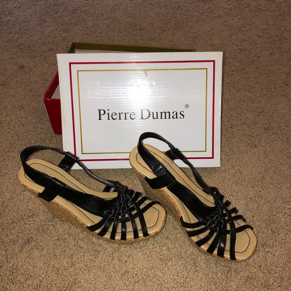 Black Strappy Cork Wedge Sandals